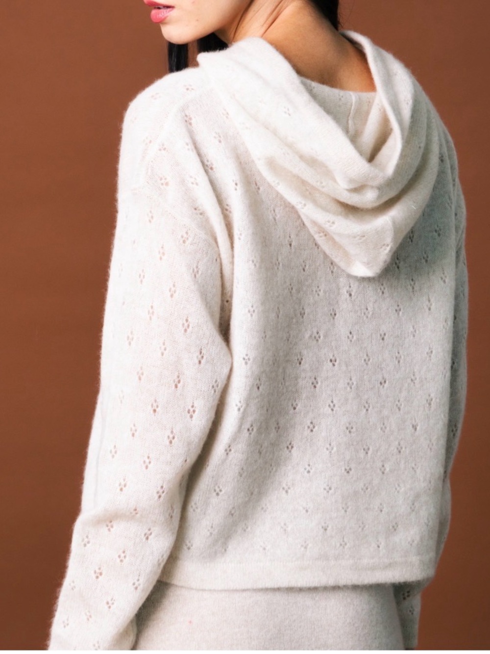 Minnie Rose Cashmere Ivory Eyelet Knit Hooded Sweater XS